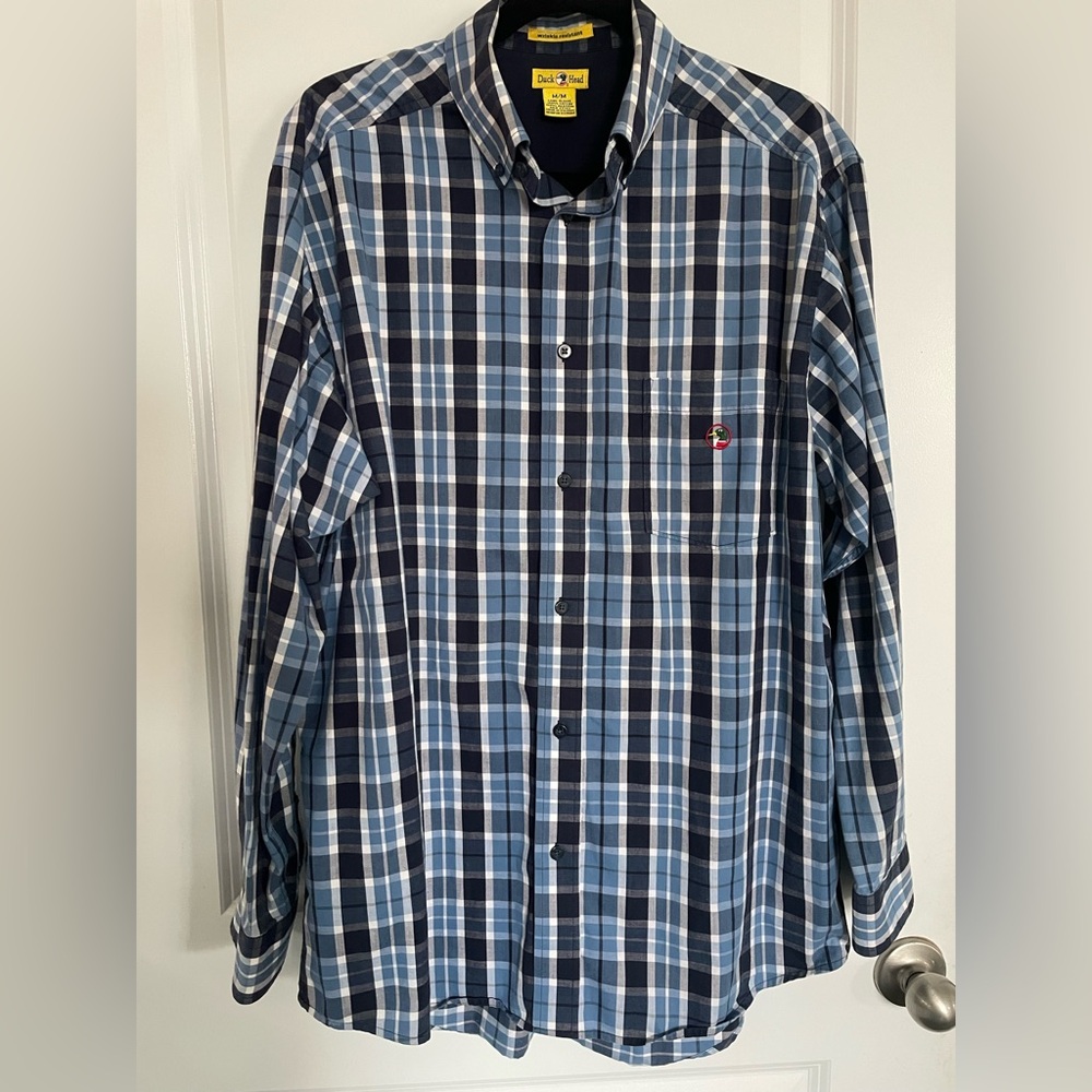 Duck Head Mens M Performance Plaid Shirt Long Sleeve Embroidered Logo No Wrinkle